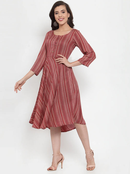 Women Maroon Printed Fit and Flare Ethnic Dress (JOK 1335 Maroon)