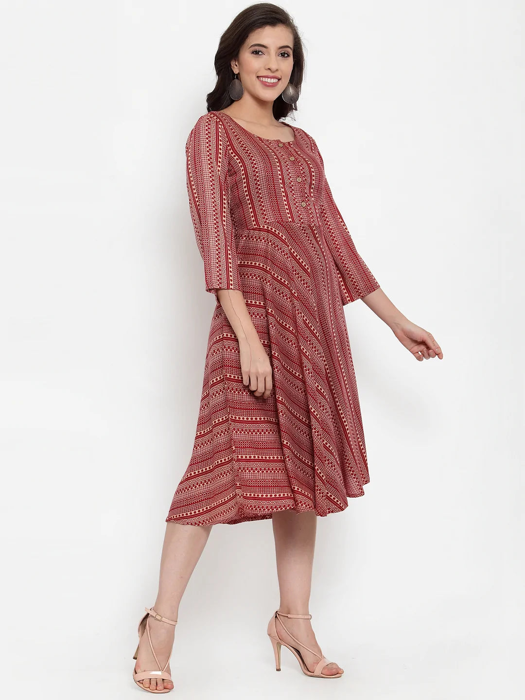 Women Maroon Printed Fit and Flare Ethnic Dress (JOK 1335 Maroon)