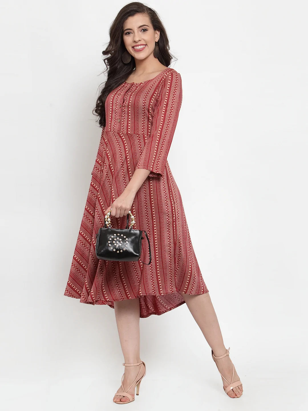 Women Maroon Printed Fit and Flare Ethnic Dress (JOK 1335 Maroon)