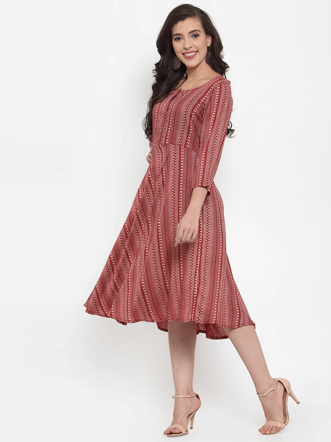 Women Maroon Printed Fit and Flare Ethnic Dress (JOK 1335 Maroon)