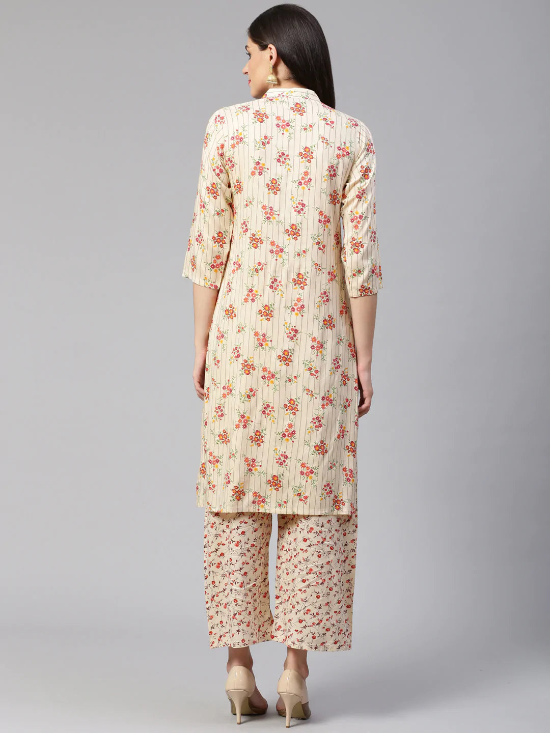 Jompers Women Cream-Coloured & Red Floral Print Kurta with Palazzos (JOKPL 1336 Cream)