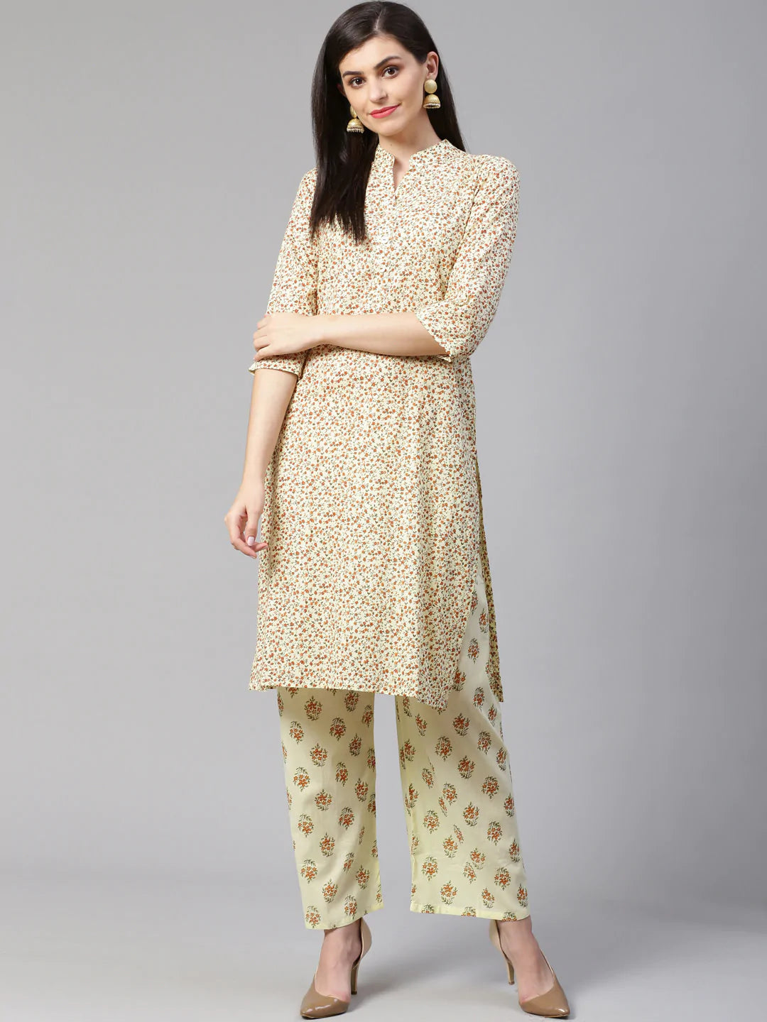 Jompers Women Yellow Floral Printed Kurta with Palazzos (JOK 1337 Yellow)