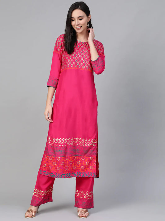 Women Pink & Golden Yoke Design Kurta with Palazzos (JOKPL 1340 Pink)