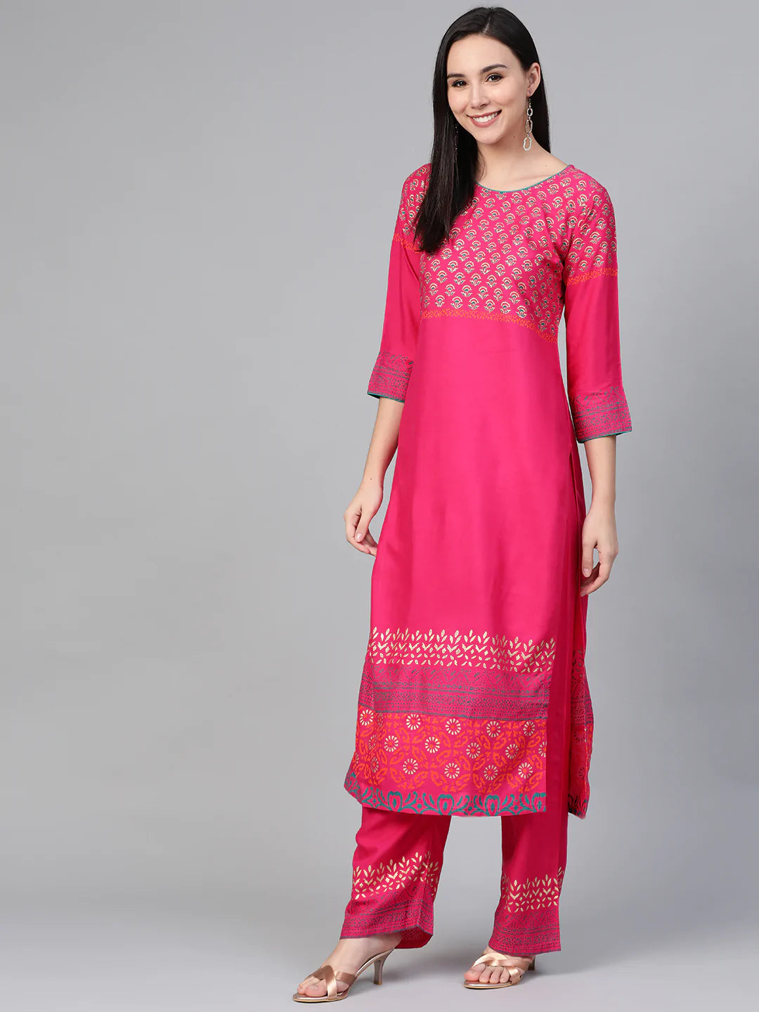 Women Pink & Golden Yoke Design Kurta with Palazzos (JOKPL 1340 Pink)