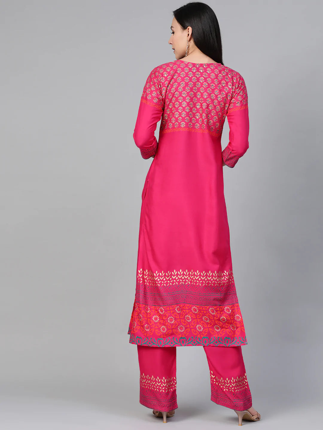 Women Pink & Golden Yoke Design Kurta with Palazzos (JOKPL 1340 Pink)