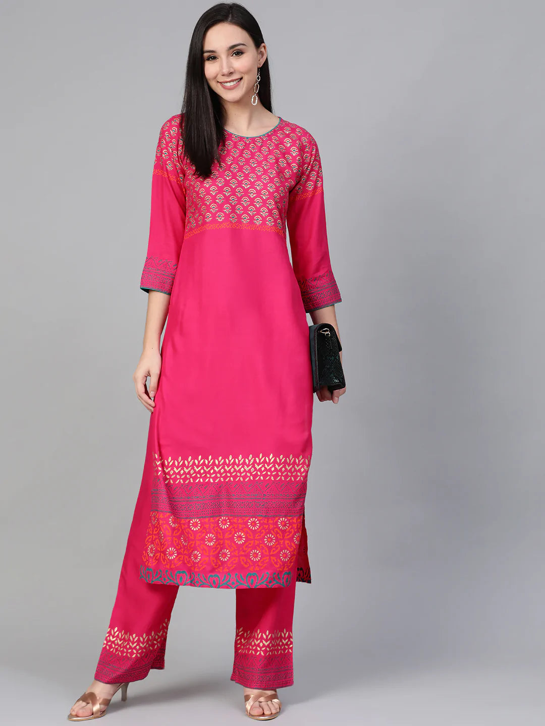 Women Pink & Golden Yoke Design Kurta with Palazzos (JOKPL 1340 Pink)