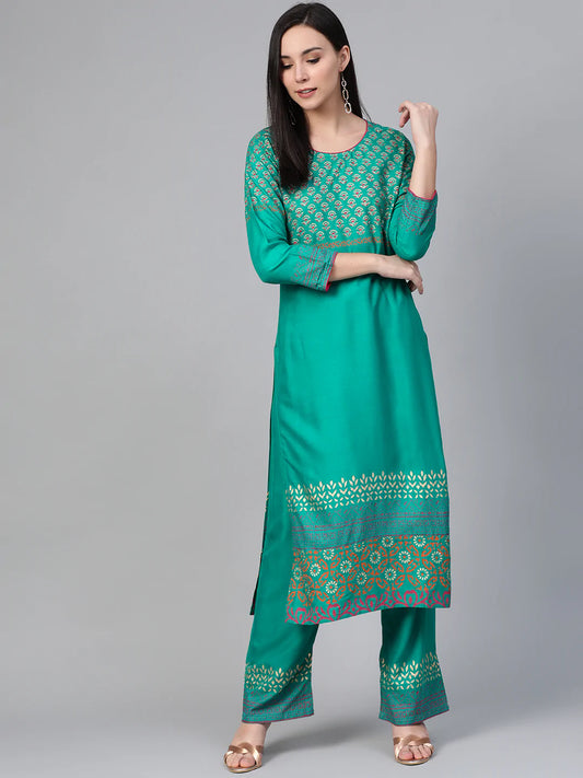 Women Rama-Green & Golden Yoke Design Kurta with Palazzos (JOKPL 1340 Rama)