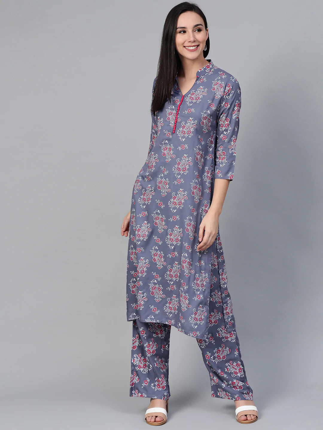 Women Grey & Pink Block Printed Kurta with Palazzos ( JOKPL 1341 Grey )
