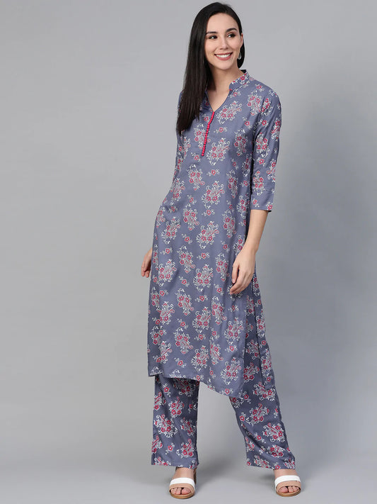 Women Grey & Pink Block Printed Kurta with Palazzos ( JOKPL 1341 Grey )