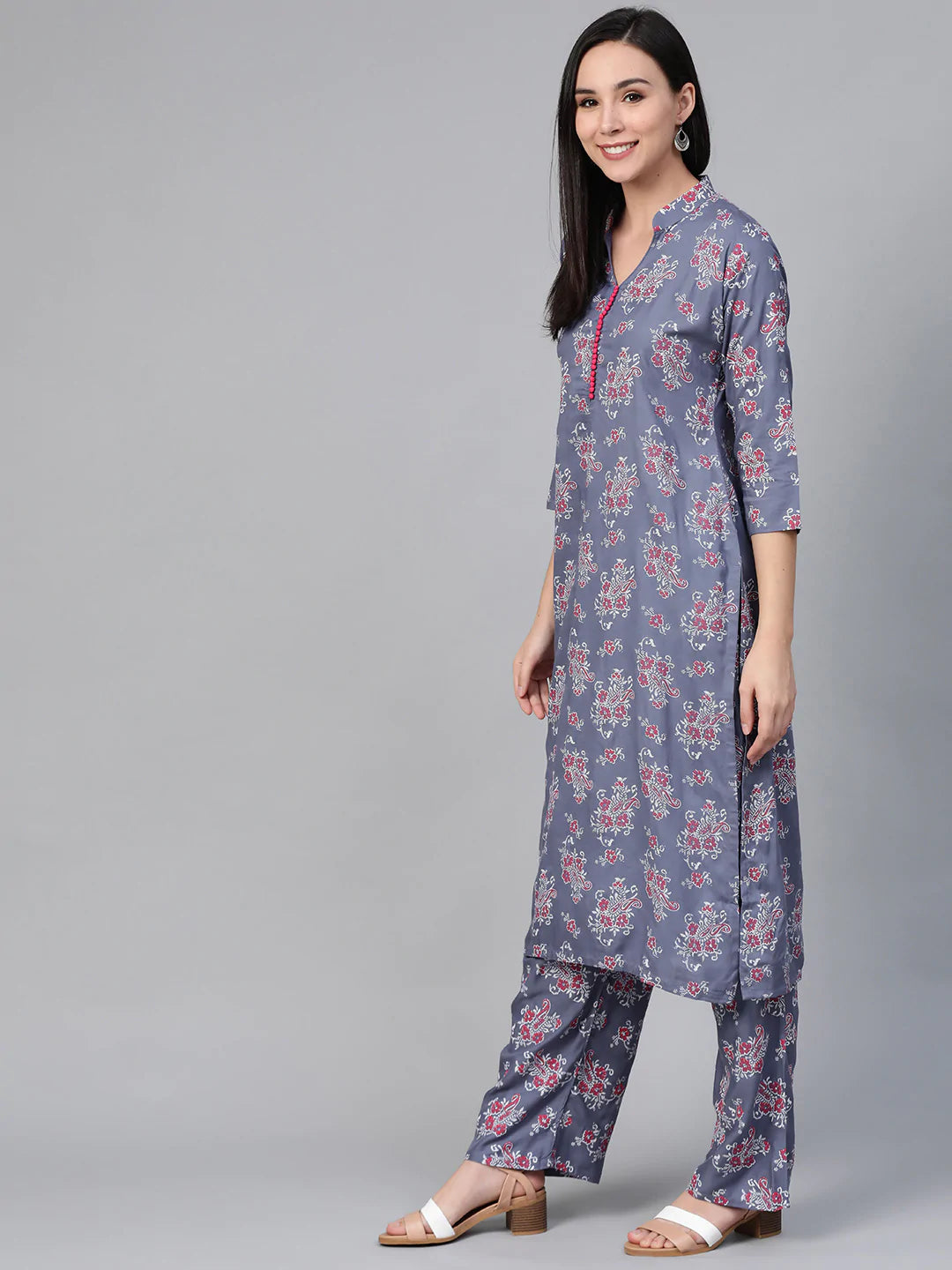 Women Grey & Pink Block Printed Kurta with Palazzos ( JOKPL 1341 Grey )