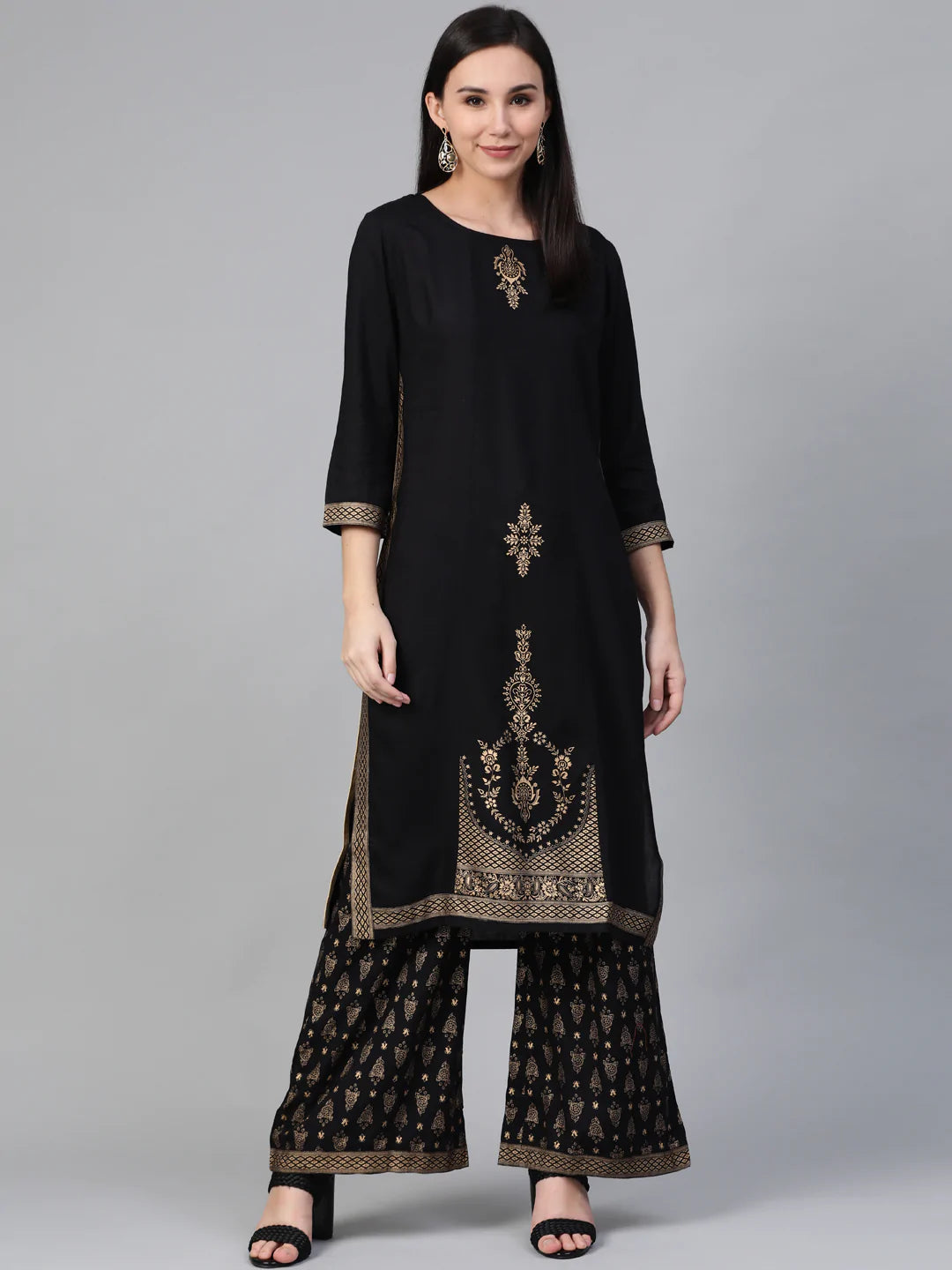 Women Black & Golden Block Printed Kurta with Palazzos ( JOKPL 1345 Black )