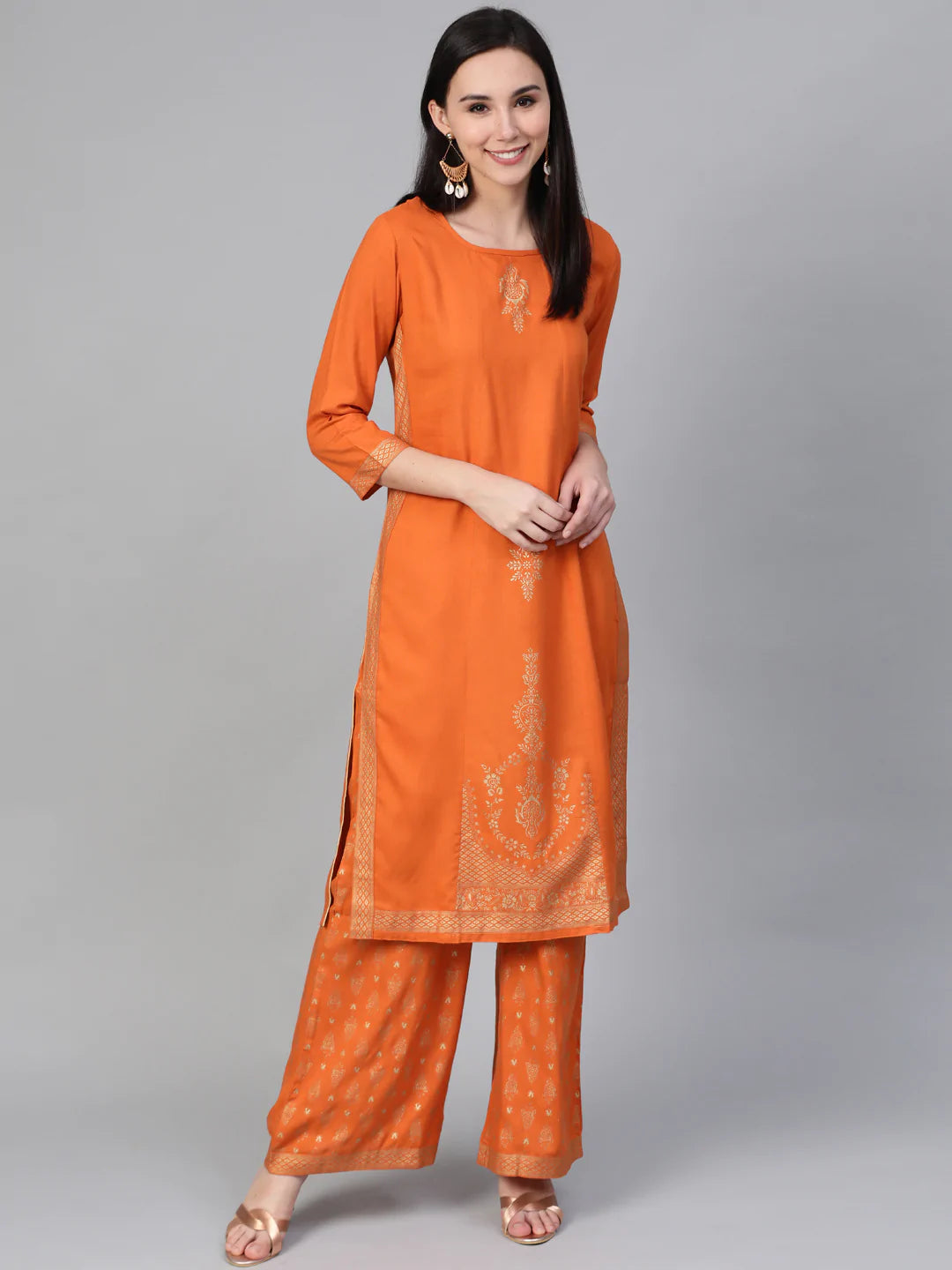 Women Orange & Golden Block Printed Kurta with Palazzos ( JOKPL 1345 Orange )