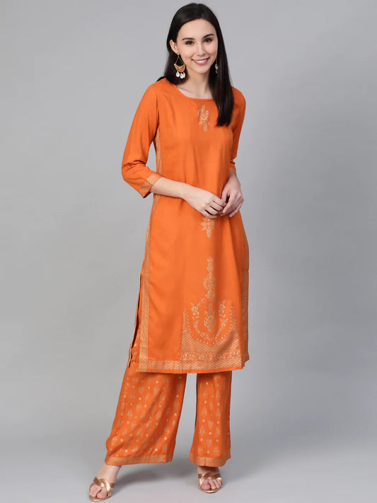 Women Orange & Golden Block Printed Kurta with Palazzos ( JOKPL 1345 Orange )