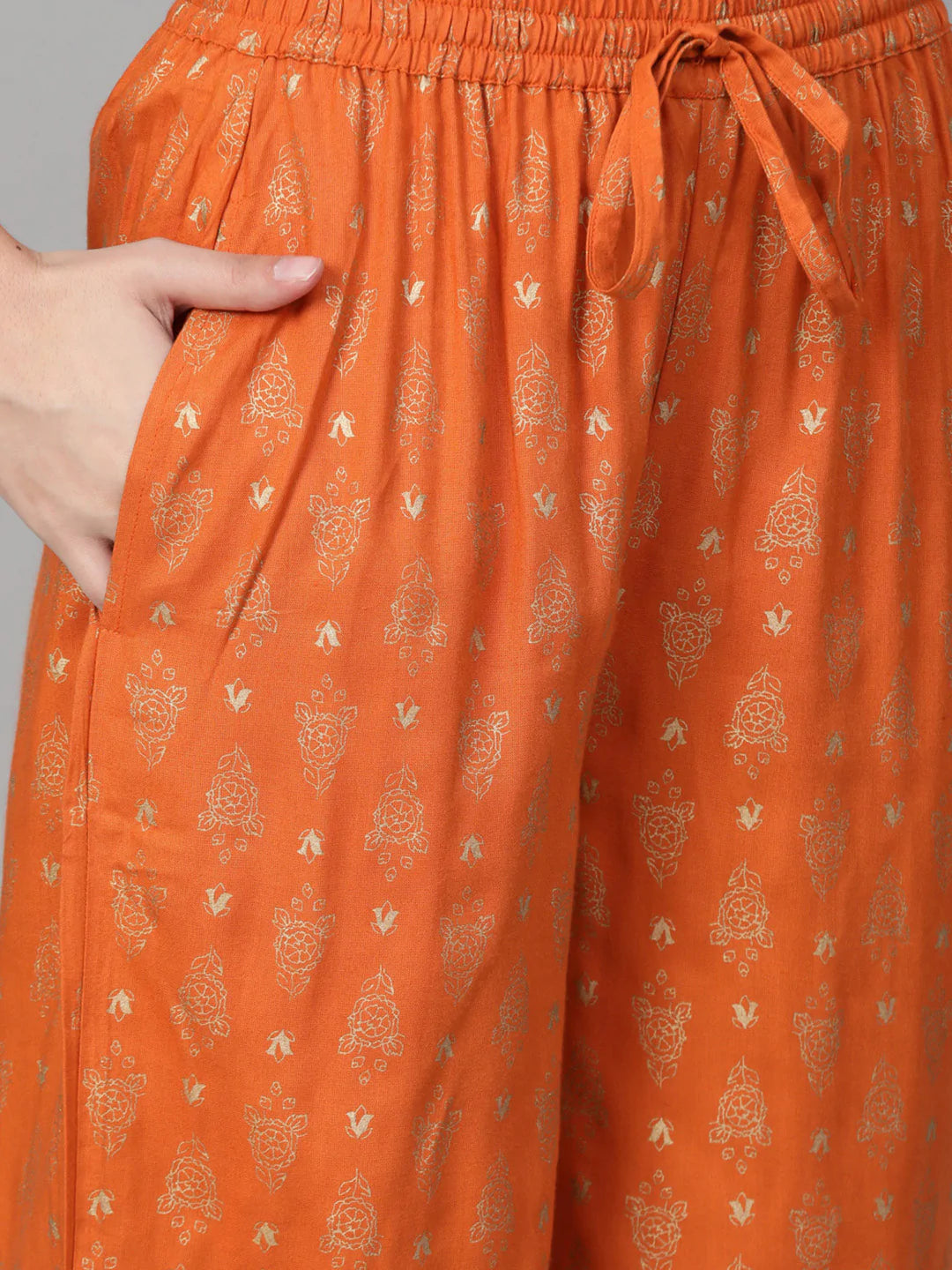 Women Orange & Golden Block Printed Kurta with Palazzos ( JOKPL 1345 Orange )