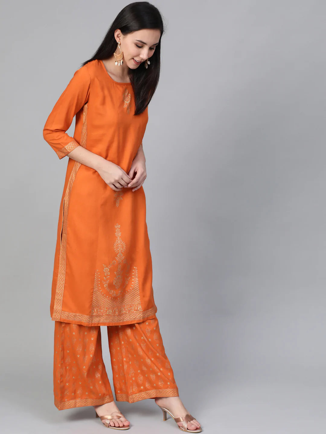 Women Orange & Golden Block Printed Kurta with Palazzos ( JOKPL 1345 Orange )