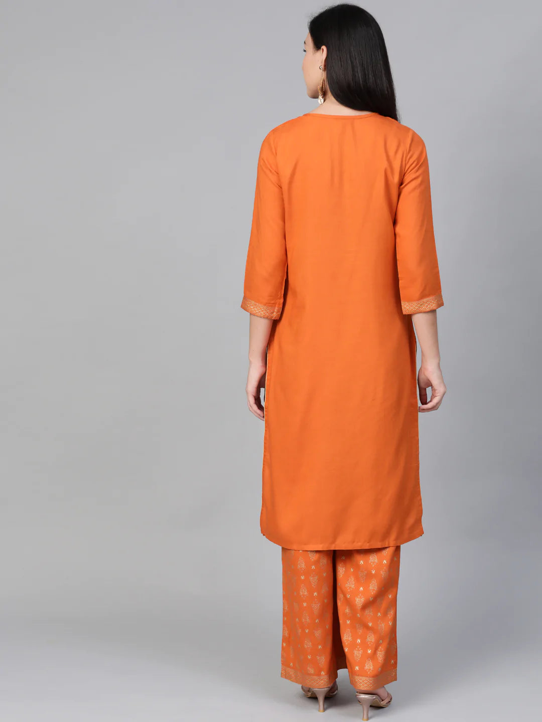 Women Orange & Golden Block Printed Kurta with Palazzos ( JOKPL 1345 Orange )