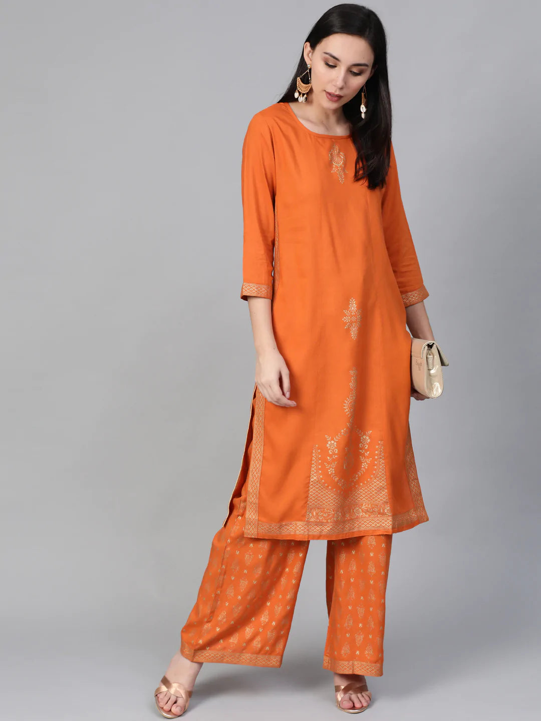 Women Orange & Golden Block Printed Kurta with Palazzos ( JOKPL 1345 Orange )