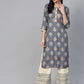 Women Grey & Cream-Coloured Block Print Kurta with Palazzos ( JOKPL 1346 Grey )