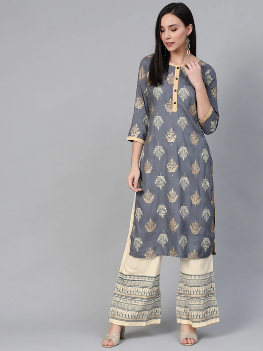 Women Grey & Cream-Coloured Block Print Kurta with Palazzos ( JOKPL 1346 Grey )