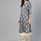 Women Grey & Cream-Coloured Block Print Kurta with Palazzos ( JOKPL 1346 Grey )