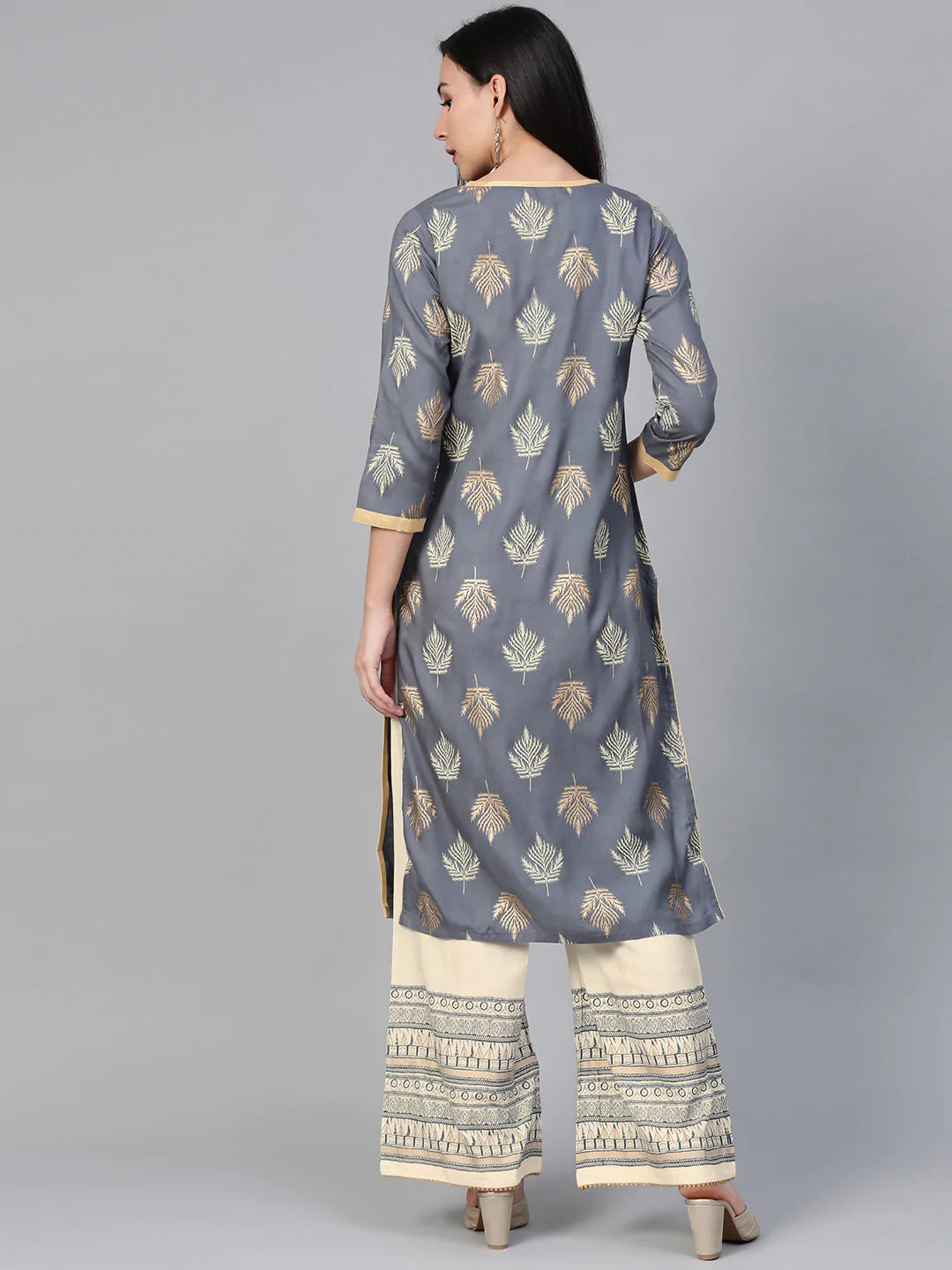 Women Grey & Cream-Coloured Block Print Kurta with Palazzos ( JOKPL 1346 Grey )