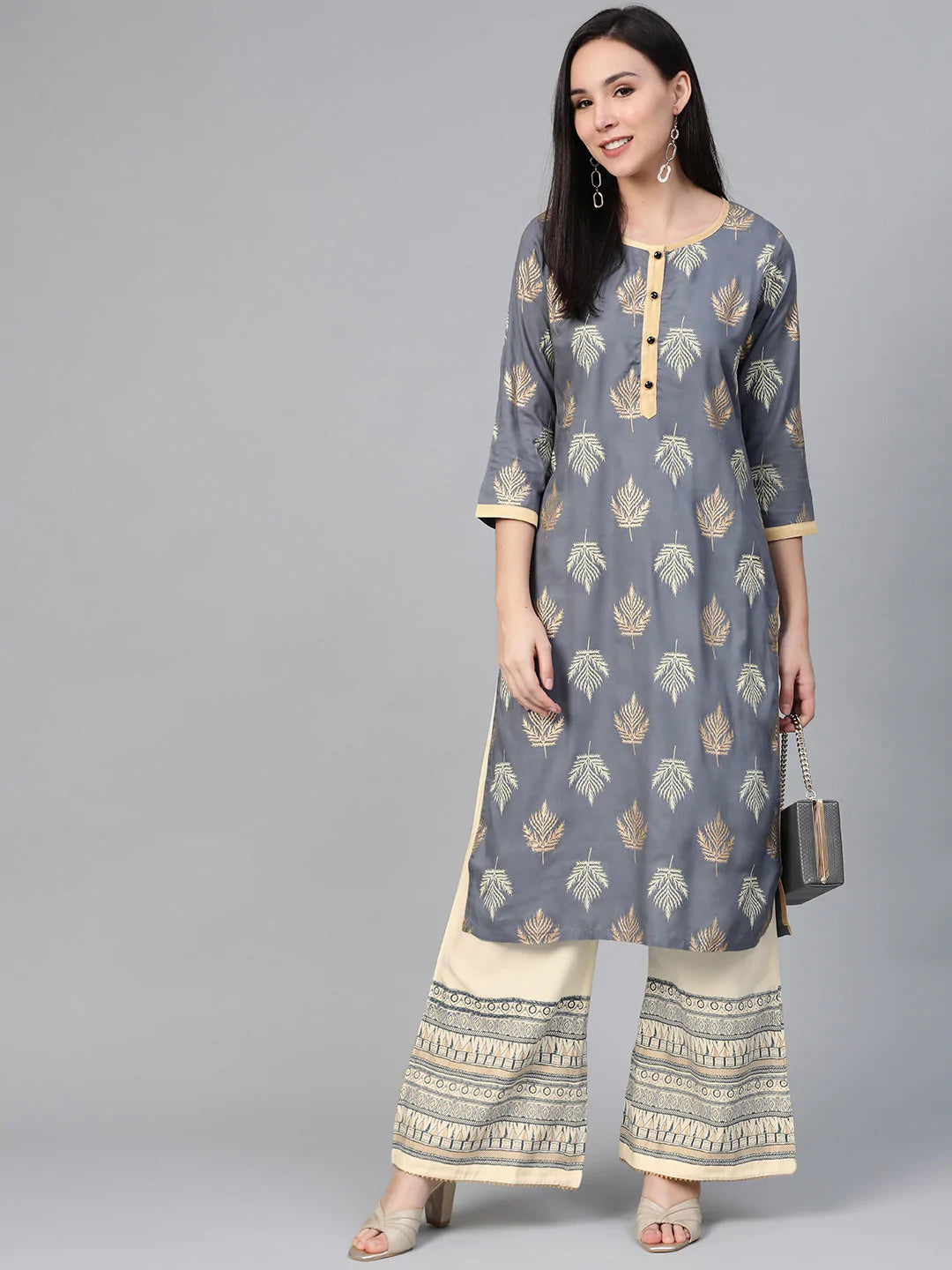 Women Grey & Cream-Coloured Block Print Kurta with Palazzos ( JOKPL 1346 Grey )