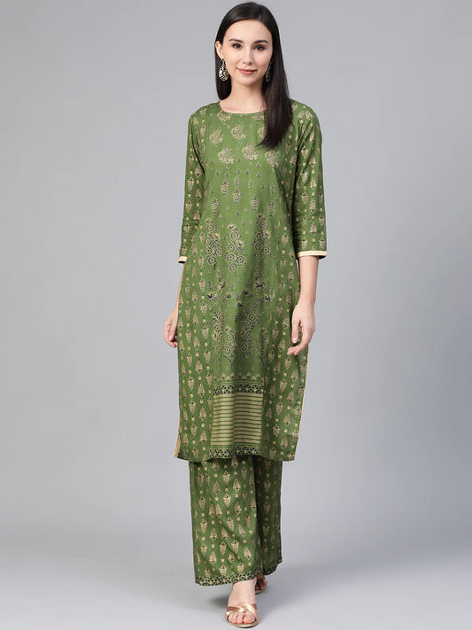 Women Green & Golden Block Printed Kurta with Palazzos ( JOKPL 1347 Green )