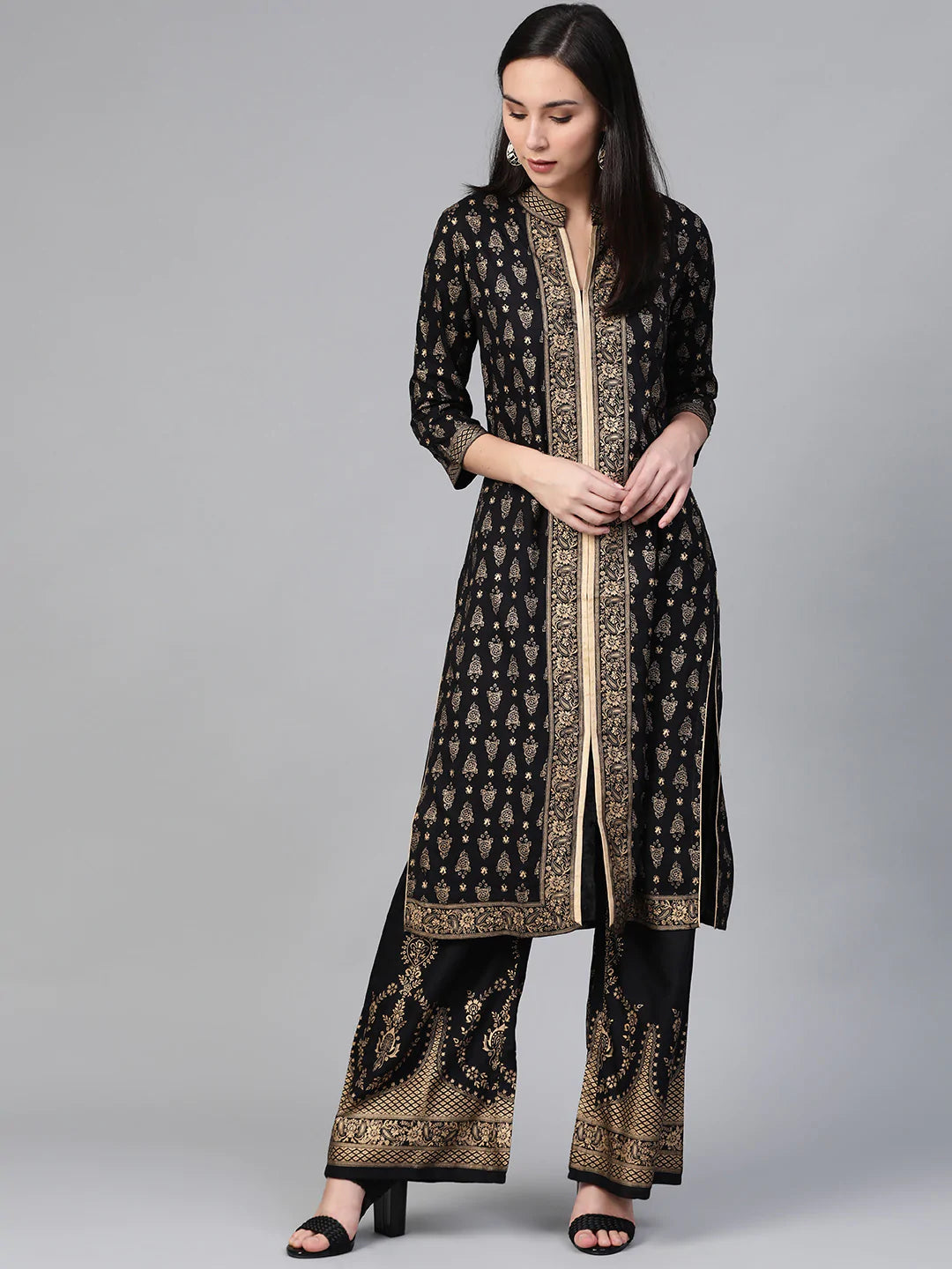 Women Black & Golden Block Print Kurta with Palazzos ( JOKPL 1348 Black )