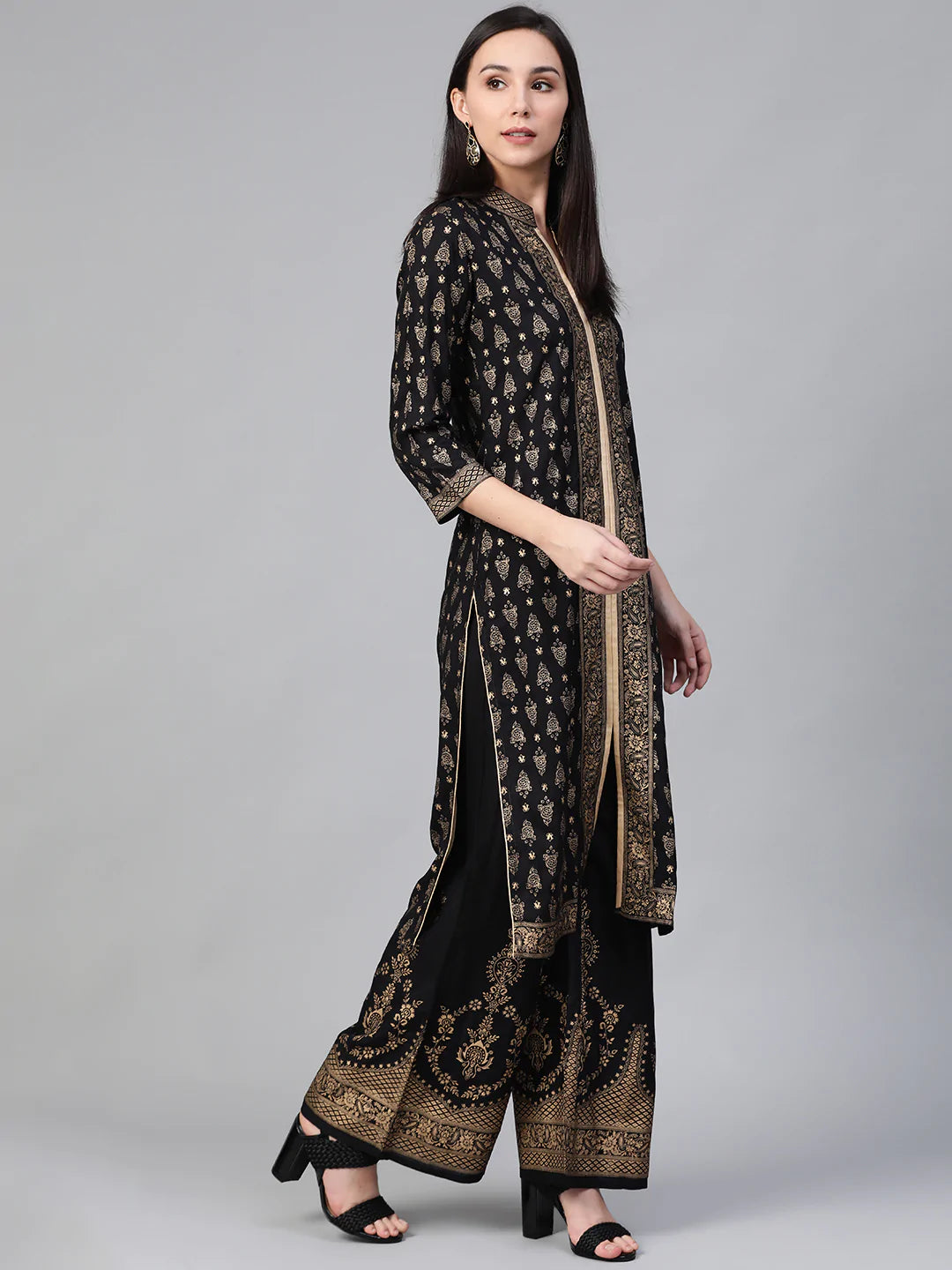 Women Black & Golden Block Print Kurta with Palazzos ( JOKPL 1348 Black )