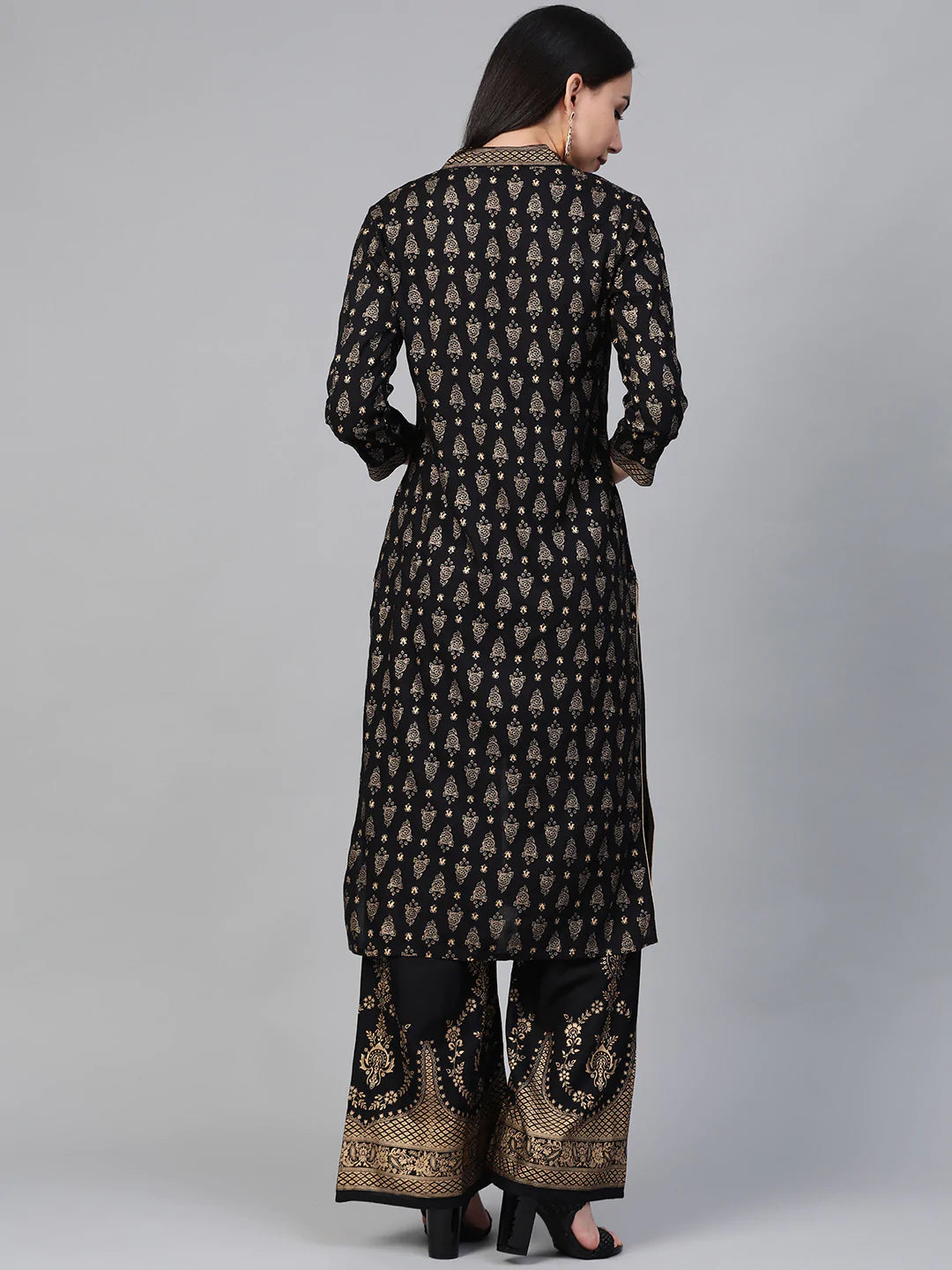Women Black & Golden Block Print Kurta with Palazzos ( JOKPL 1348 Black )