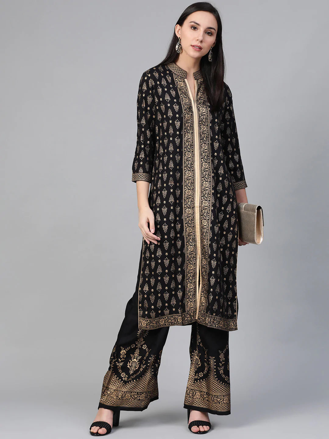 Women Black & Golden Block Print Kurta with Palazzos ( JOKPL 1348 Black )