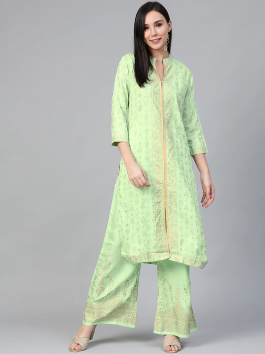 Women Green & Golden Block Print Kurta with Palazzos ( JOKPL 1348 Green )