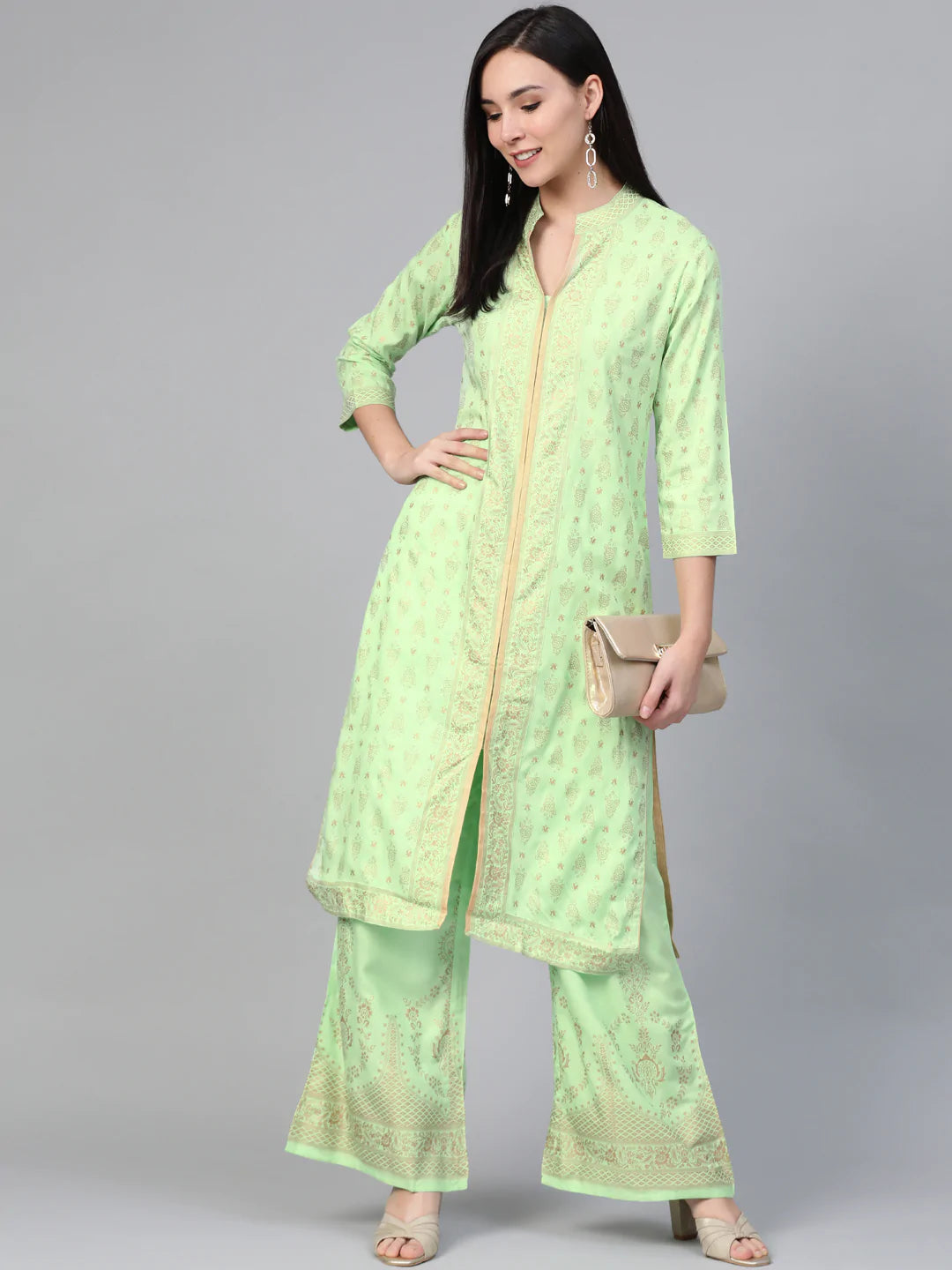 Women Green & Golden Block Print Kurta with Palazzos ( JOKPL 1348 Green )