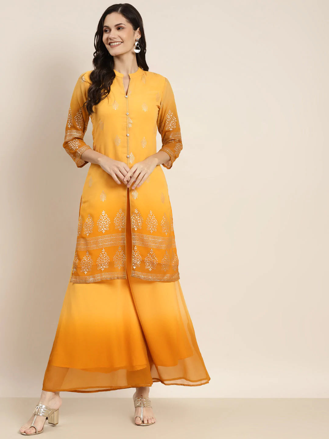 Printed Mukaish Kurta with Palazzos ( JOKPL 1460 Yellow )