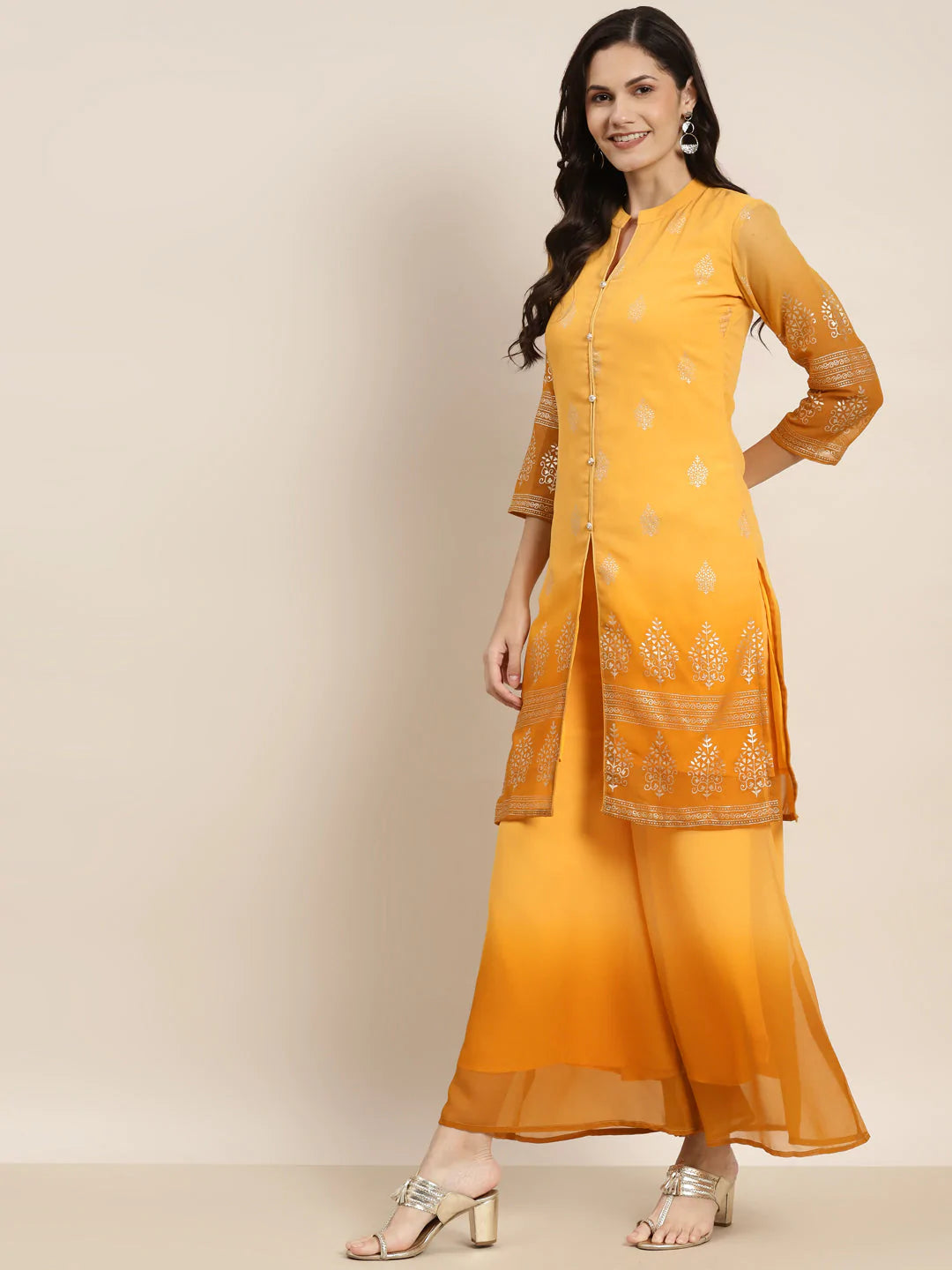Printed Mukaish Kurta with Palazzos ( JOKPL 1460 Yellow )