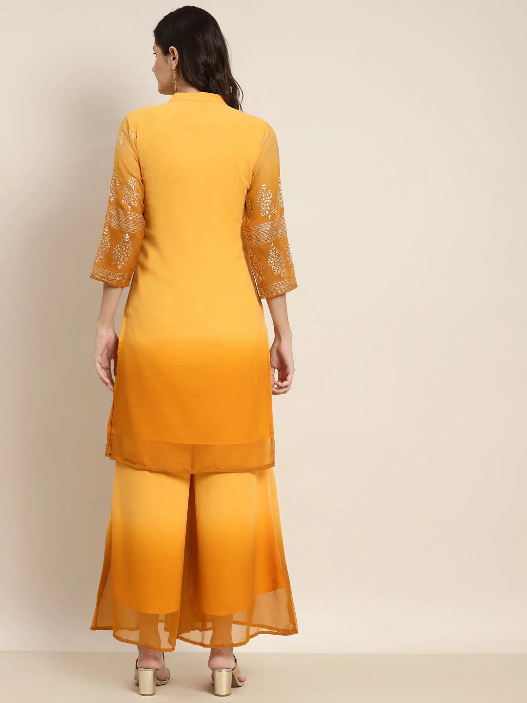 Printed Mukaish Kurta with Palazzos ( JOKPL 1460 Yellow )