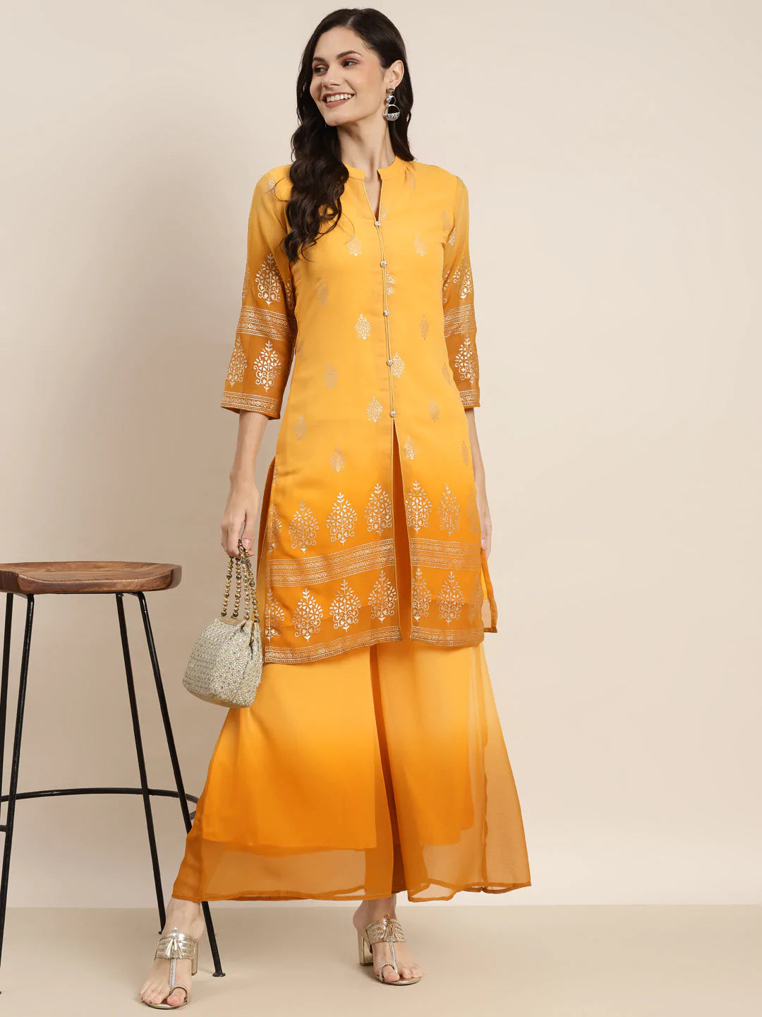 Printed Mukaish Kurta with Palazzos ( JOKPL 1460 Yellow )