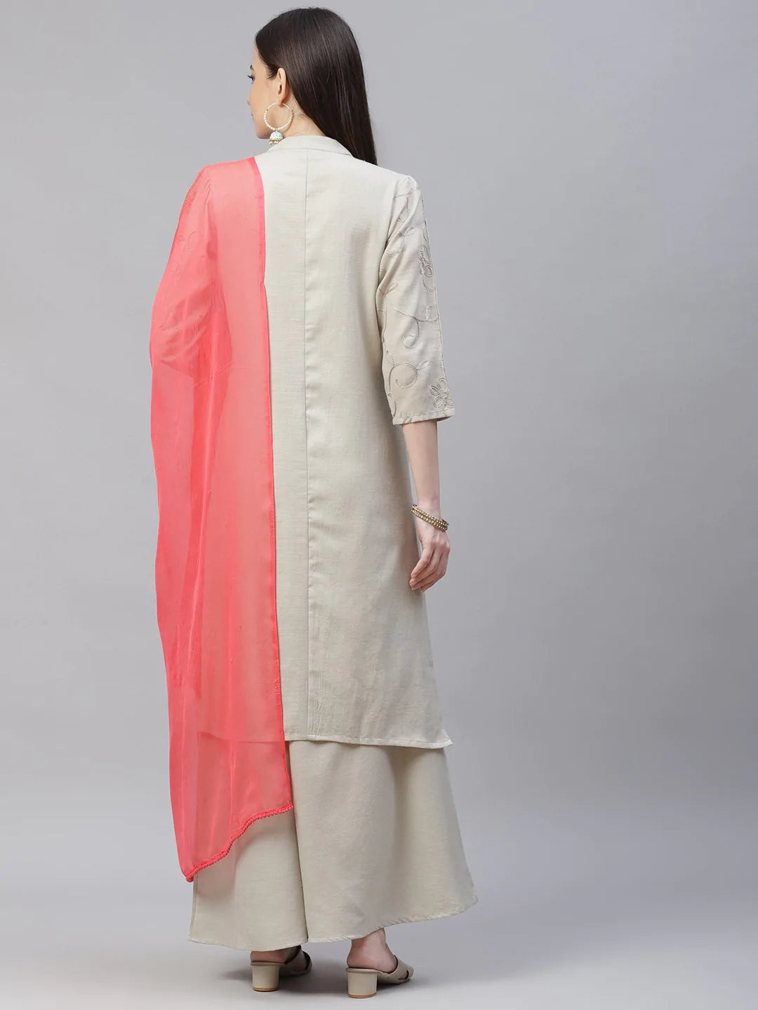 Women Grey & Pink Floral Embroidered Regular Kurta with Palazzos & Dupatta ( JOKPL D21P 1399 Grey )