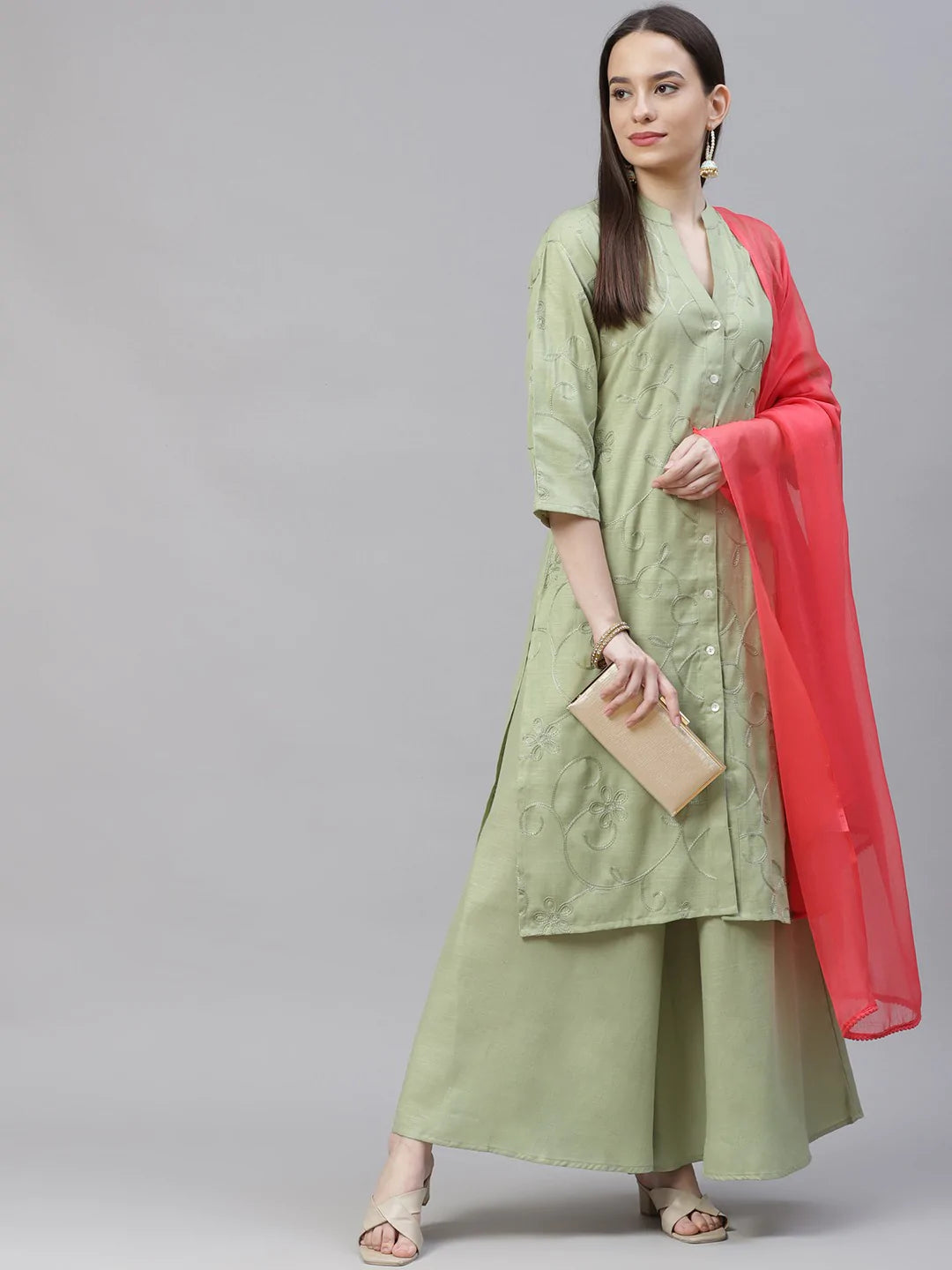 Women Lime Green & Pink Floral Embroidered Kurta with Palazzos & Dupatta ( JOKPL D21P 1399 Lime )