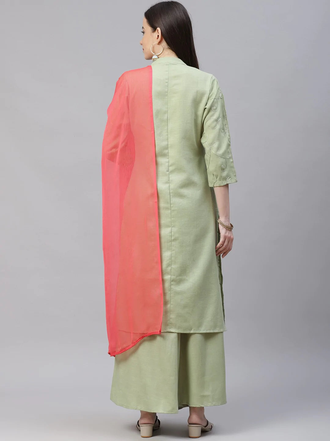 Women Lime Green & Pink Floral Embroidered Kurta with Palazzos & Dupatta ( JOKPL D21P 1399 Lime )