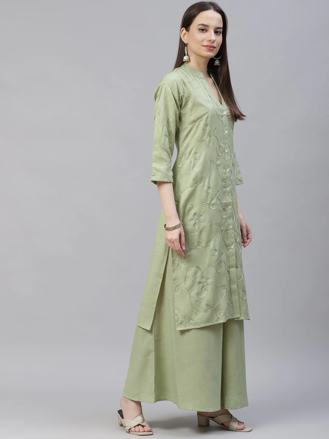 Women Lime Green & Pink Floral Embroidered Kurta with Palazzos & Dupatta ( JOKPL D21P 1399 Lime )