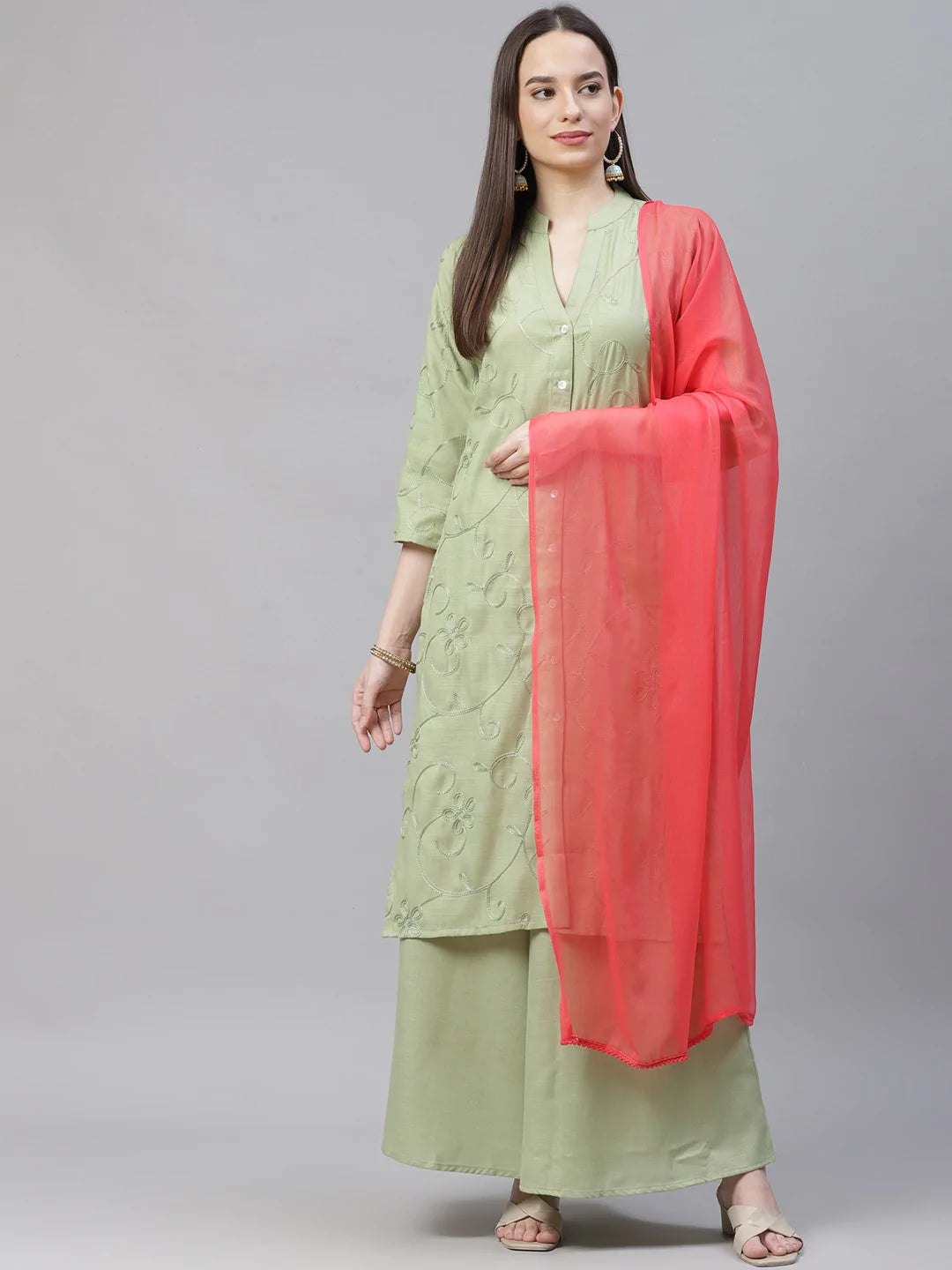 Women Lime Green & Pink Floral Embroidered Kurta with Palazzos & Dupatta ( JOKPL D21P 1399 Lime )