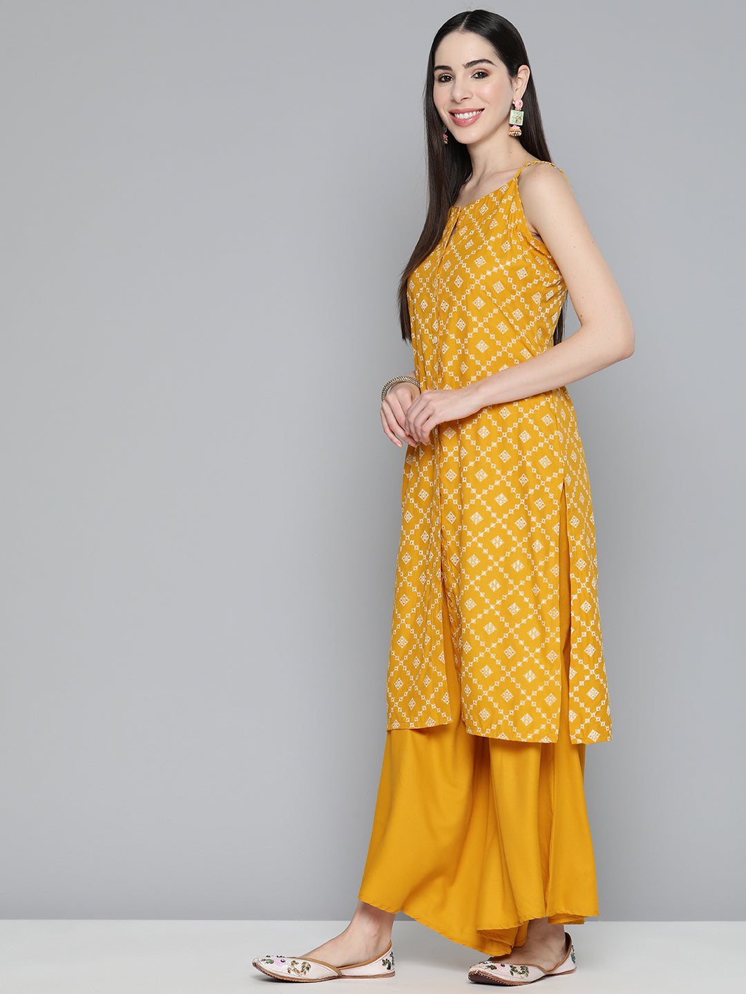 Jompers Printed Kurta with Palazzos & With Chikankari Dupatta ( JOKPL D28W 1495 Mustard )