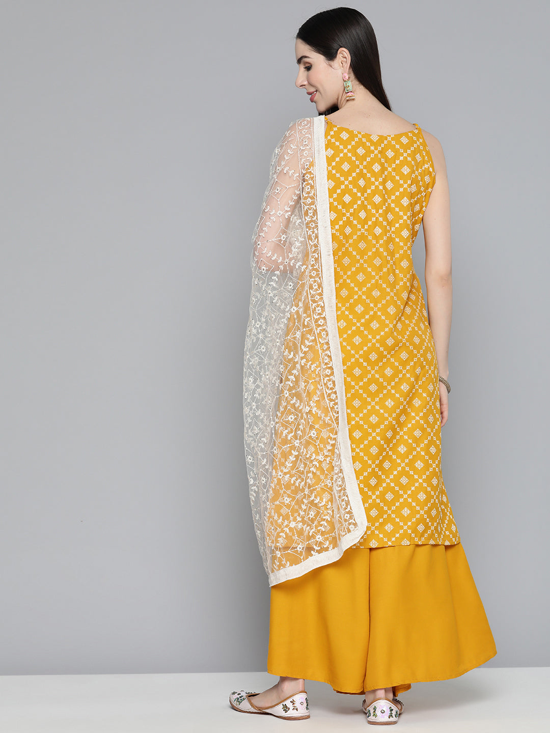 Jompers Printed Kurta with Palazzos & With Chikankari Dupatta ( JOKPL D28W 1495 Mustard )