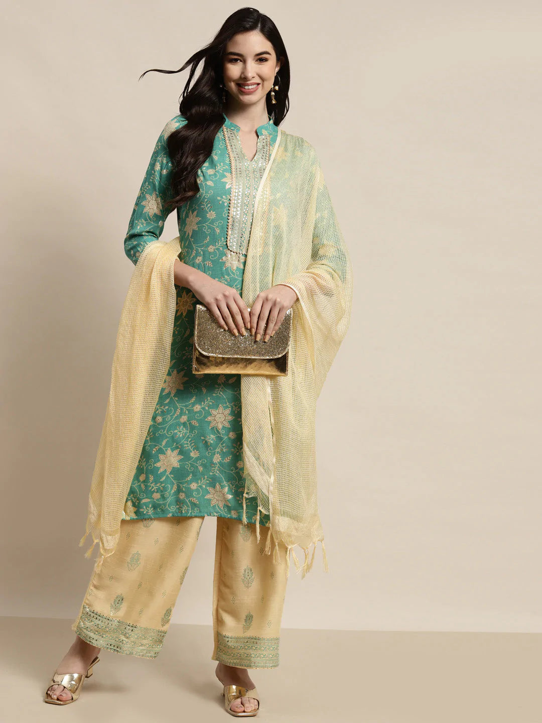 Gotta Patti work Kurta, Palazzos & Dupatta ( JOKPL D31Bg 1447 Sky )