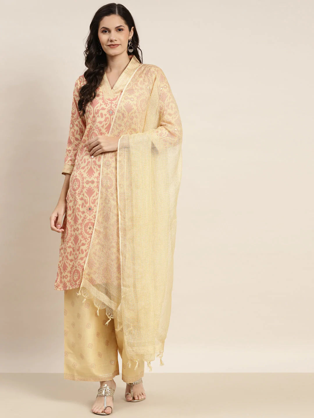 Printed Kurta with Palazzos & Dupatta ( JOKPL D31Bg 1458 Pink )