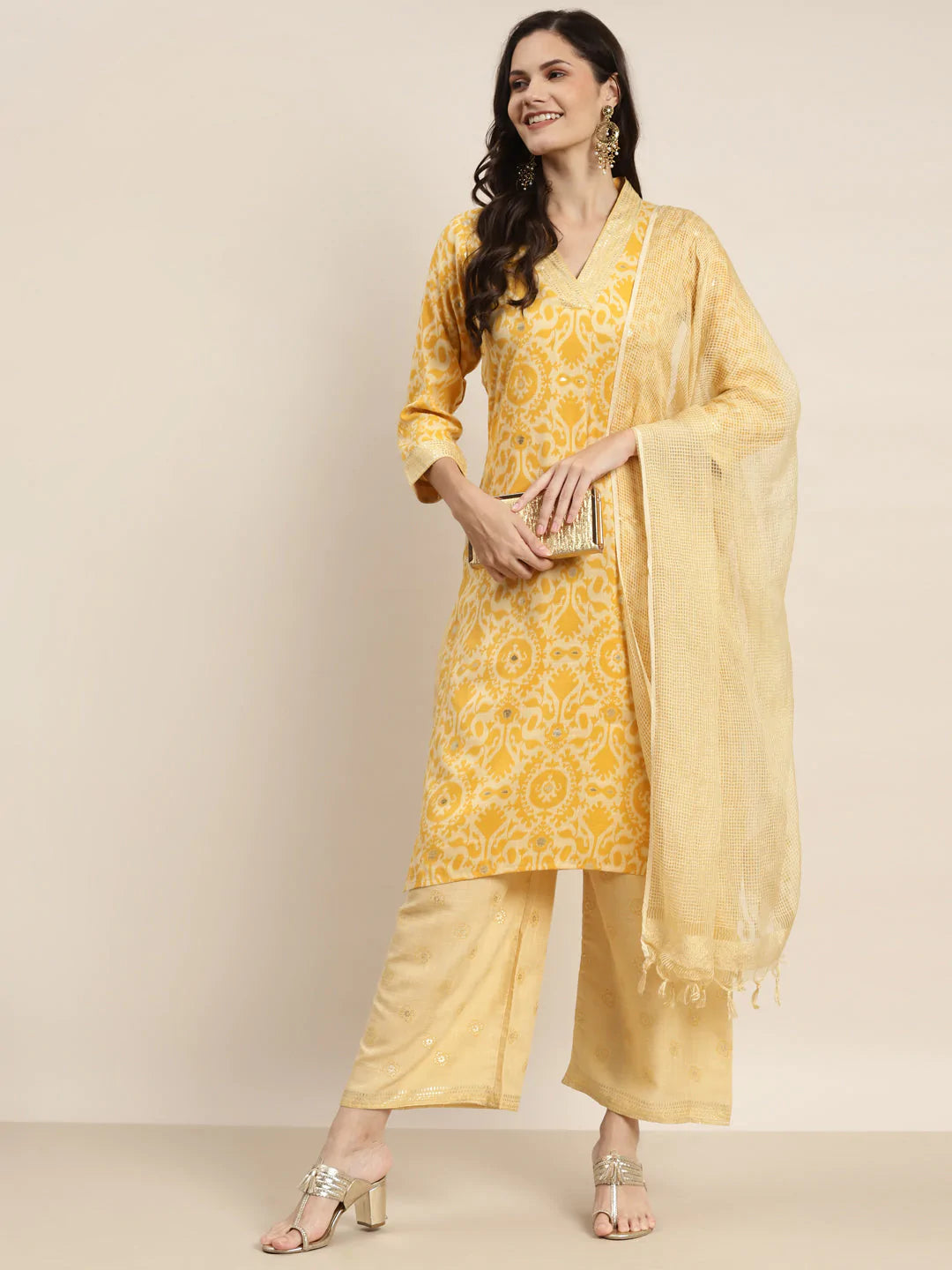 Printed Kurta with Palazzos & Dupatta ( JOKPL D31Bg 1458 Yellow )