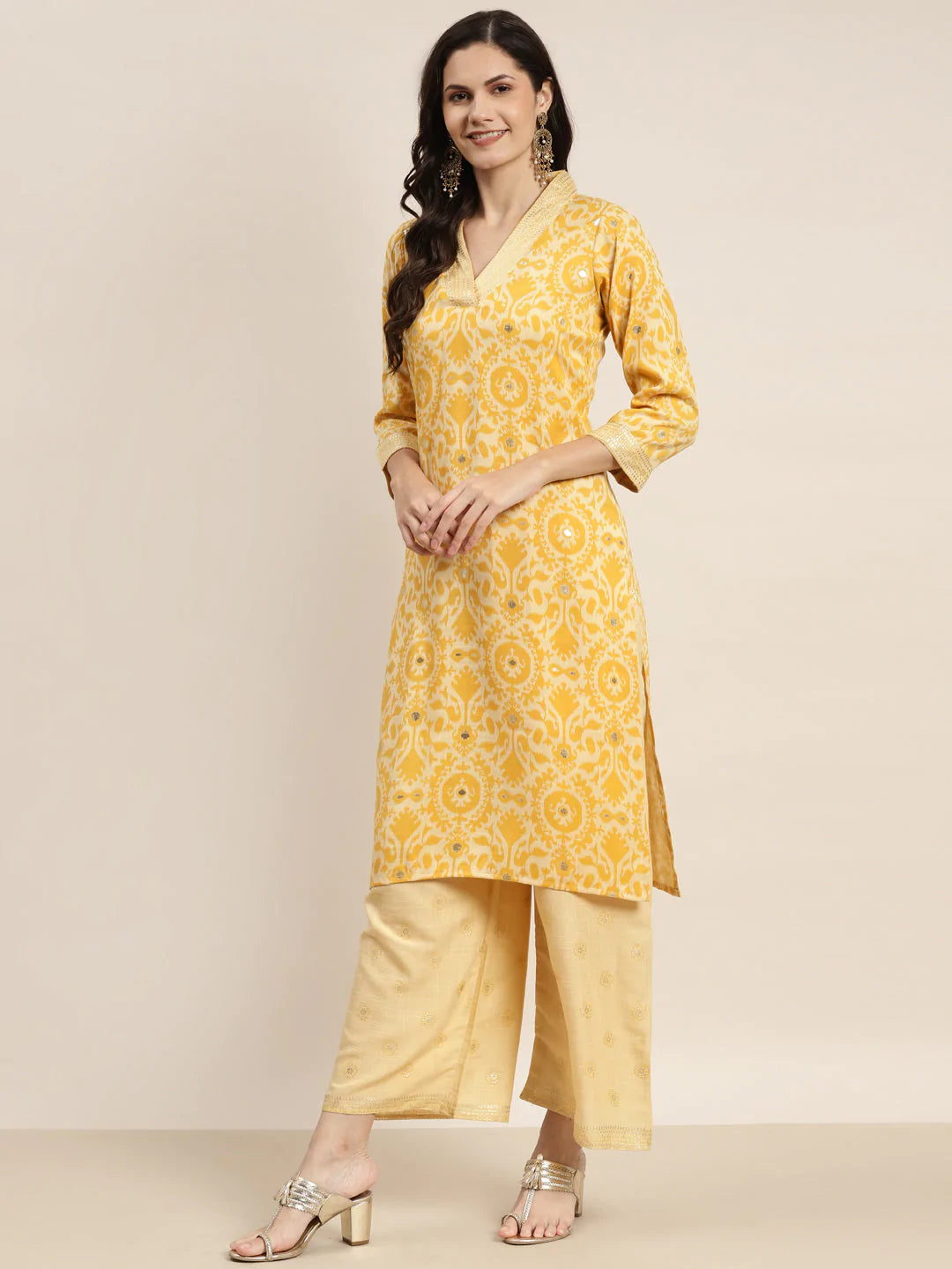 Printed Kurta with Palazzos & Dupatta ( JOKPL D31Bg 1458 Yellow )