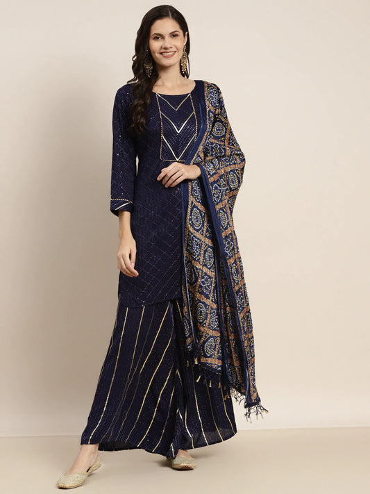 Embroidered Sequinned Kurta with Palazzos & Dupatta ( JOKPL D37N 1475 Navy )