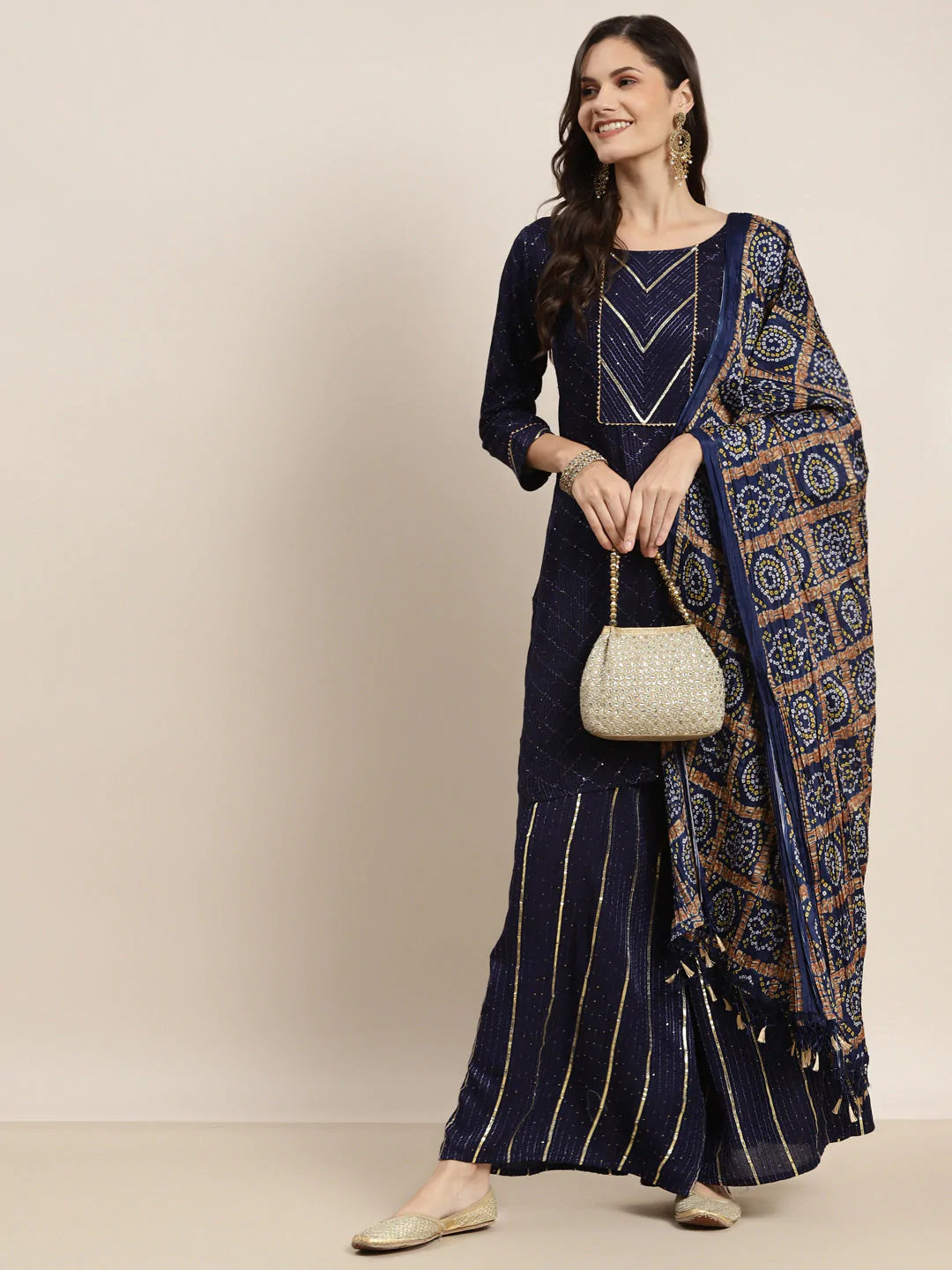 Embroidered Sequinned Kurta with Palazzos & Dupatta ( JOKPL D37N 1475 Navy )